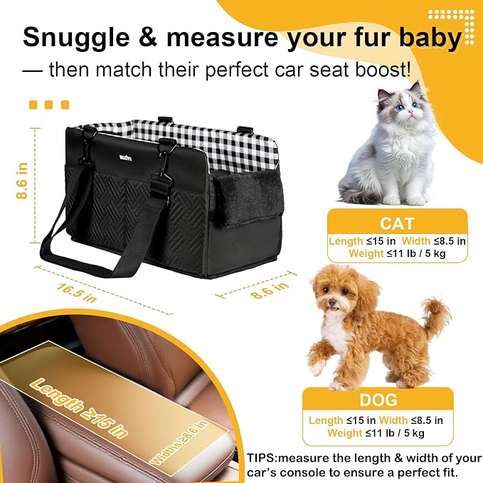 Console Dog Car Seat for Small Dogs Cats Up to 11lbs, Anti-Collapse Pet Armrest Booster Seat with Soft Pillow,Non-Slip Seat Rails Hooks & Safety Belt, Portable Car Accessories for Pets Travel