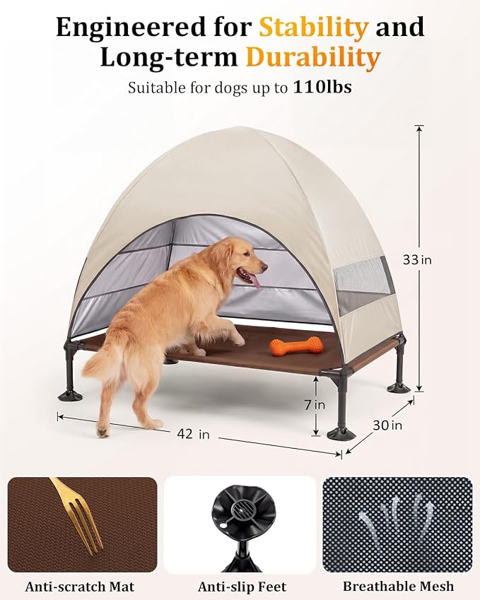 Elevated Outdoor Dog Bed with Canopy, Raised Dog Cot with Stable Adjustable Feet, Dog Camping Bed with Larger Shade, Lifted Dog Tent Bed with Canopy for Outside (Beige, Large)