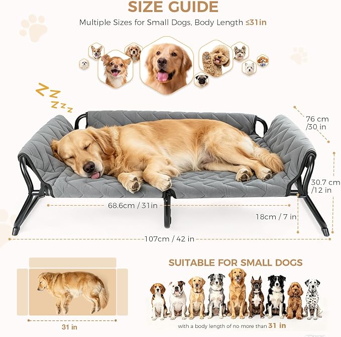 Elevated Dog Bed with Bolster, 2-in-1 Raised Dog Cot for Large Dogs up to 90 lbs, Removable Machine-Washable Cushion, Stable Metal X-Frame, Indoor and Covered Outdoor Use, 42 x 30 x 12 in, Gray