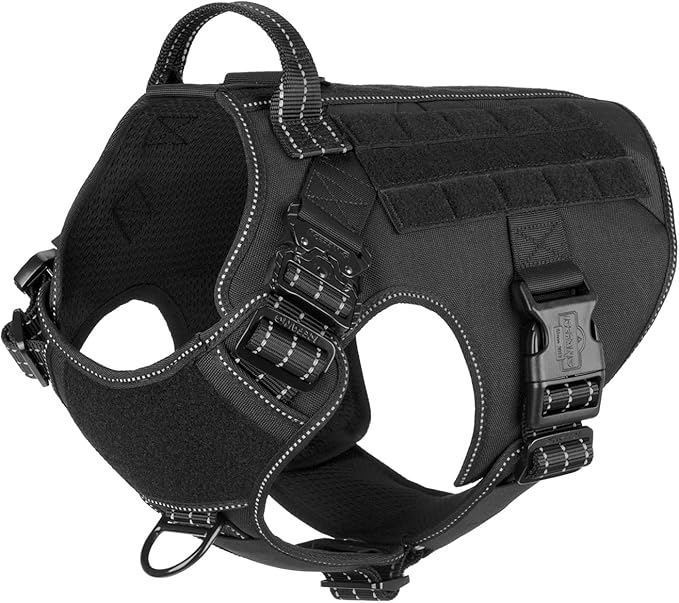ICEFANG Tactical Dog Harness for Large Dogs,Reflective No Pull Dog Vest | with Control Handle,Adjustable,Front Hook,2 Leash Clips,Soft Padded,MOLLE Panel,Black,Large