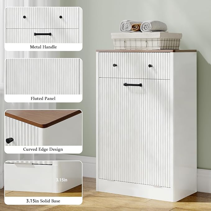 10 Gallon Tilt Out Trash Can Cabinet with Drawer - Modern Fluted Hidden Garbage Bin Holder, Curved Edge Wooden Laundry Hamper Cabinet, White