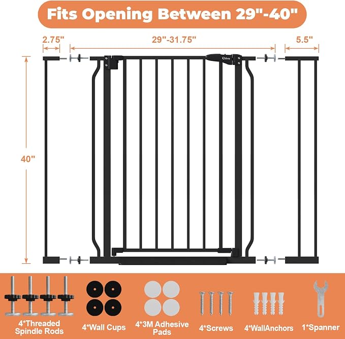 40" Extra Tall Baby Gate No Drilling, Auto Close Dog Gate, Black | Indoor for Doorways & Stairs, Pressure Mounted 29"-40" Wide Pet Gate, Easy Walk Through Gate for Baby & Pet Stroller Friendly