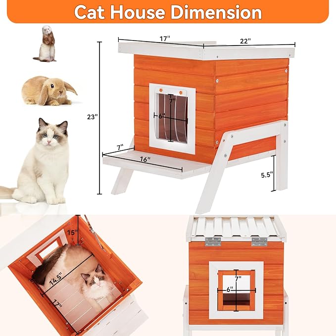 PETSFIT Outdoor Cat House Insulated - Thicken High Feet, Expanded Feeding Station, Weatherproof Durable Roof, Outside Cat House, Bunny Rabbit Hutch, Orange