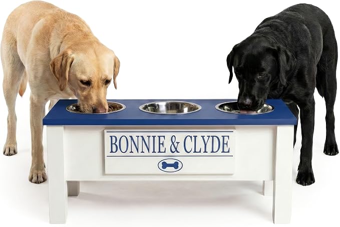 3 Bowl Dog Feeding Station, Personalized Triple Bowl Food Stand Large Dogs | Farmhouse Style, Elevated Wood Stand, Storage Container, Stainless Steel Bowls, Raised Feeder, Large Breed, Made in USA