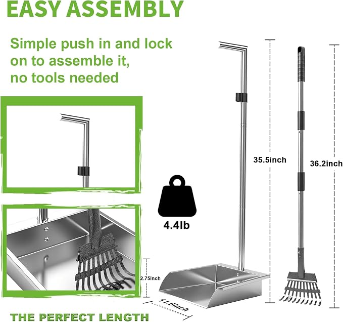 Pooper Scooper for Large Dogs,Dog Pooper Scooper Heavy Duty Long Handle Metal Tray Rake Shovel Set,Extremely Durable Metal Stainless Steel Dustpan for No Bending Clean Up Yard Grass.