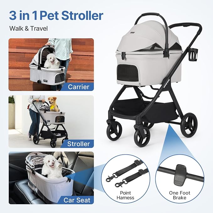 X-5 Pet Stroller for Medium Pets Up to 55 lbs, Gray | Adjustable Handle, Detachable Carrier, Convertible Car Seat, One-Touch Fold, All-Terrain Wheels, 3-in-1 Design