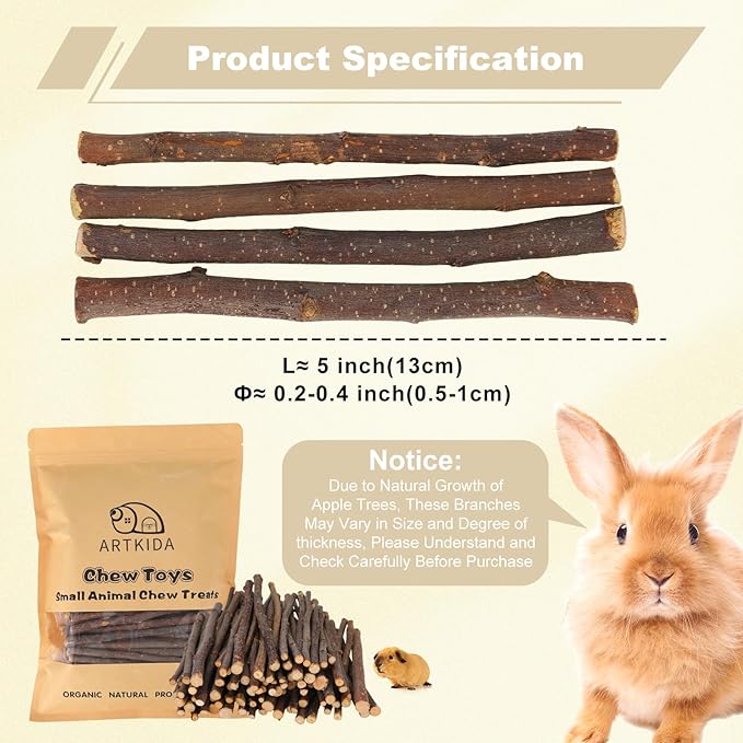 500g Organic Apple Sticks Small Animals Molar Wood Treats Chew Toys for Chinchillas Rabbits Guinea Pig Hamster Gerbil Parrot Bunny Chews Stick Toys
