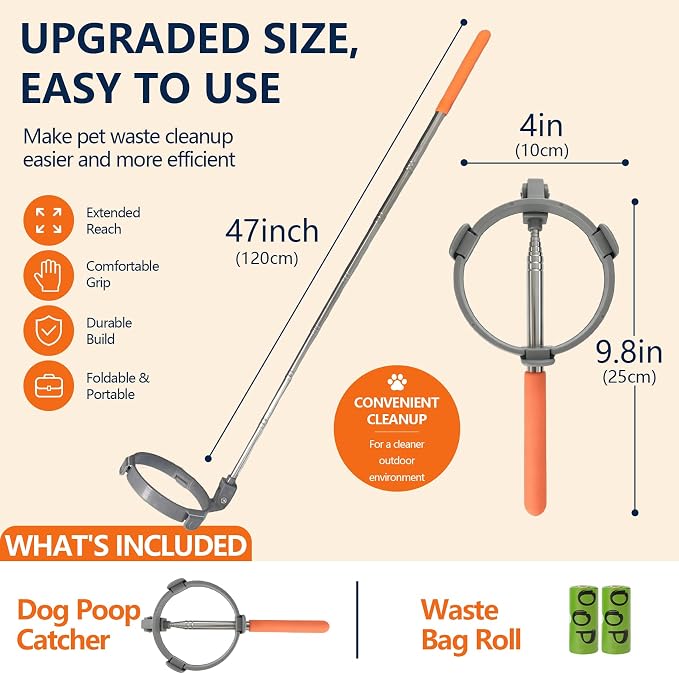 Dog Pooper Scooper with Bags, Long Handle No-Touch Dog Waste Picker Tool | With 30 Rolls Poop Bags, 47 Inch Extendable Handle, No Bending Cleanup, Portable Pooper Scooper for Yard, Walks and Travel