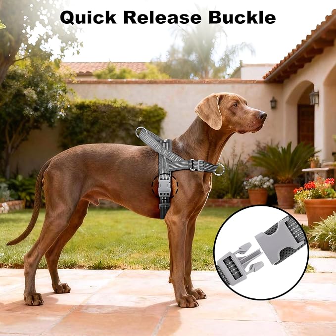 No Pull Dog Harness with Handle, Adjustable Soft Mesh Padded Vest | Reflective Walking Harness with Front Clip for Small Medium Large Dogs, Quick Fit No Escape for Training, Gray. XL