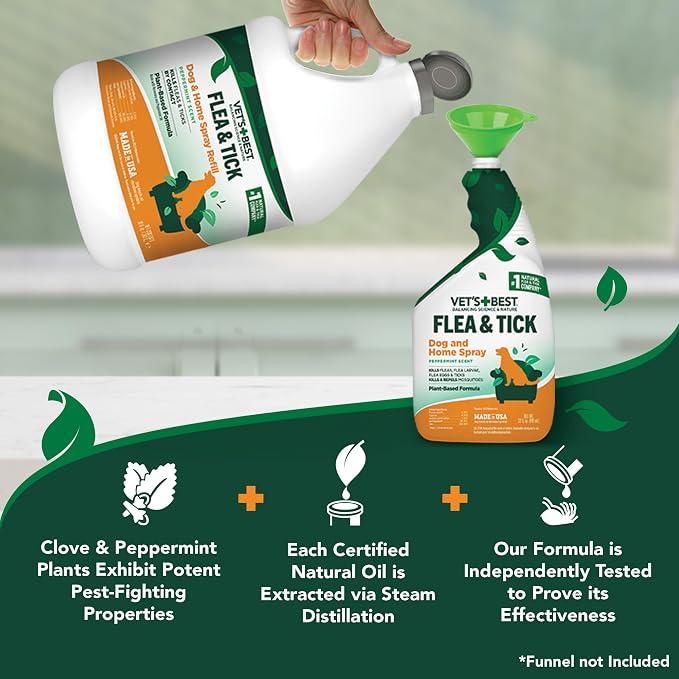 Vet’s Best Flea and Tick Home Spray – Plant-Based Flea and Tick Treatment for Dogs and Indoor Use – Natural Essential Oil Spray for Flea Control in the Home – Made in USA – 96 oz Refill