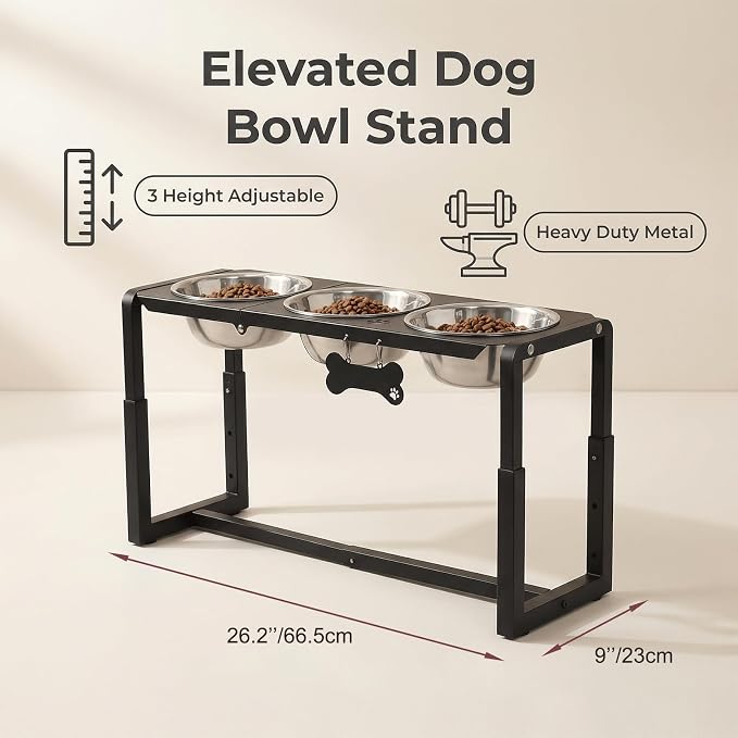 Metal Elevated Dog Bowls, Raised Dog Bowls for Medium/Large Sized Dogs with Three 58oz Stainless Steel Food Bowls, 3 Adjustable Height (8.8"/11.5"/14") Dog Bowl Stand Protect Neck & Joints