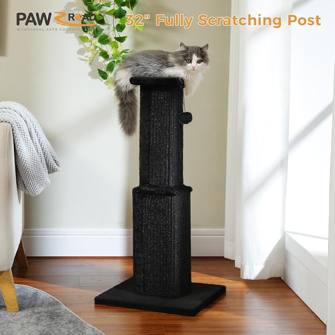 PAWZ Road Large Cat Scratching Post 32” Tall Black Scratching Post for Indoor Cats Adults Ultimate Scratch Post with Woven Sisal, Large Base and Removable Dangling Ball- Black | Heavy Duty Cat Post with 16x16”Large Base Covered Sturdy Woven Sisal Scrat...