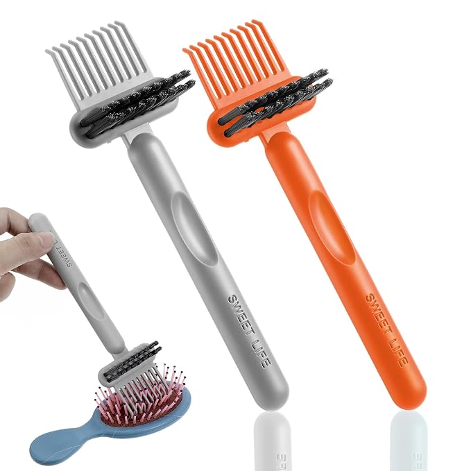 2Pcs 2-in-1 Hair Brush Cleaner & Remover Tool Brush Cleaning Tool Comb Cleaner Effective Hairbrush Cleaner Hair Brush Remover Rake for Man Woman Home Travel Salon Removing Hair Dust (Gray, Orange)