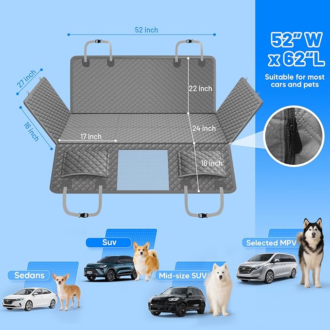 Dog Car Seat Cover for Back Seat,Hard Bottom Hammock Hold 400lbs For Cars | Grey,Waterproof,Anti-Scratching,Safety Non-Slip,600D Oxford,Mesh Window,Storage Pocket,for Cars/SUV/ Sedans/MPV