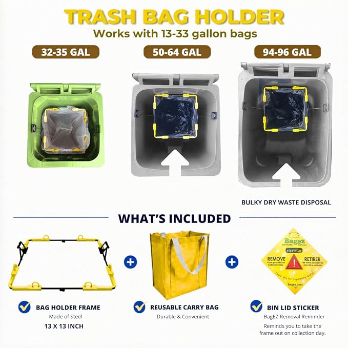 Trash Bag Holder 13x13 – Metal Garbage Bag Frame with Clips – Holds 13, 30 & 33 Gallon Liners Inside 32-96 Gallon Cans – Foldable Bag Stand & Opener for Kitchen, Camping, & RV