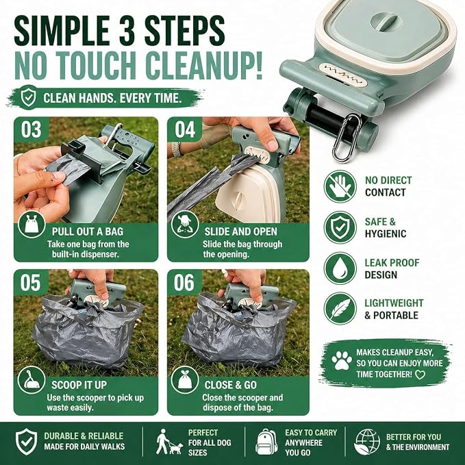 Dog Pooper Scooper with Waste Bag Dispenser – Small Size, Portable, Lightweight, One-Hand Operation, Leak-Proof, Durable Pet Waste Scooper (Green)