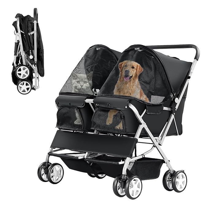 Double Pet Stroller for 2 Dogs & Cats, Side-by-Side, Black | Foldable Two-Seater with Separate Cabins, 44 lb Capacity, Dual Baskets and Safety Tethers for Walks, Travel and Vet Visits