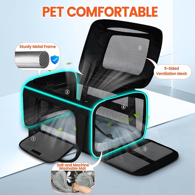 Petskd Top-Expandable Small Pet Carrier with Wheels (17" L x 11" W x 9.5" H), Alaska Airlines Approved, Rolling Pet Carrier for Small Dogs & Cats (Black)
