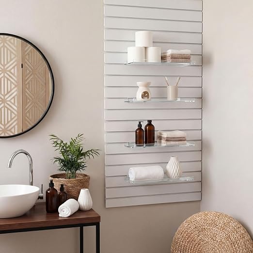 Yalikop 4 Pcs Slatwall Shelves Clear Acrylic Slatwall Shelves Organizer Wall Mounted Hanging Accessories Plastic Panel Display Shelf for Retail Store Boutique Garage Home(No Fence Style,14 x 6 Inch)