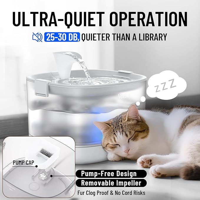 Veken Cat Water Fountain with Detachable Tank & Secure Clips, Easy to Clean & Assemble, 85oz/2.5L Pet Drinking Dispenser with Quiet Operation & LED Light, Cats, Dogs and Small Pets, White