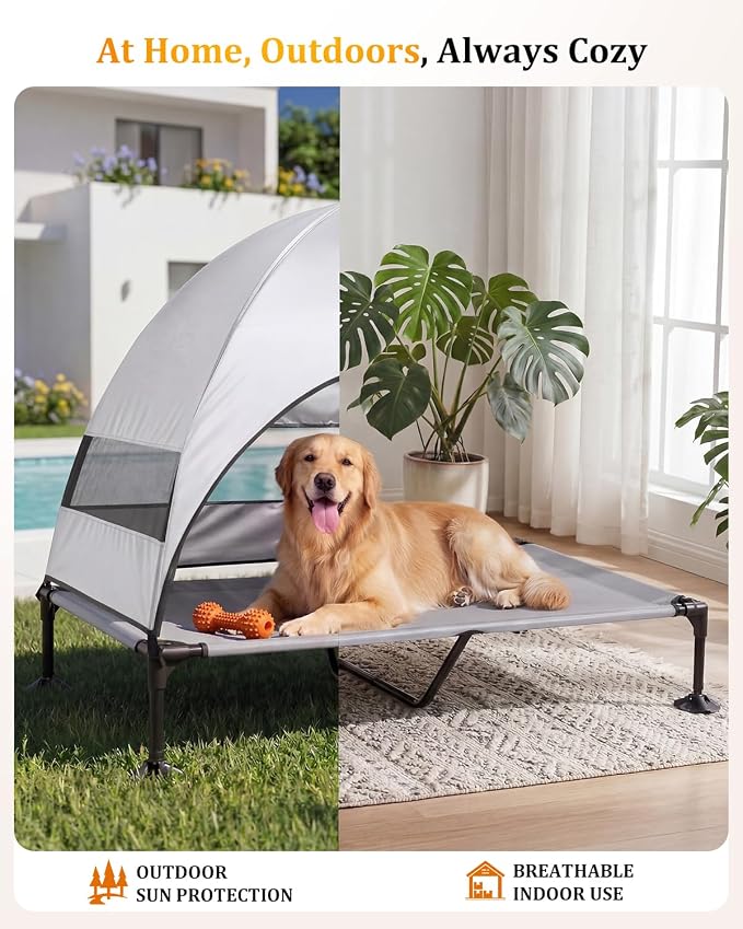 Elevated Outdoor Dog Bed with Canopy, Raised Dog Cot with Stable Adjustable Feet, Dog Camping Bed with Larger Shade, Lifted Dog Tent Bed with Canopy for Outside