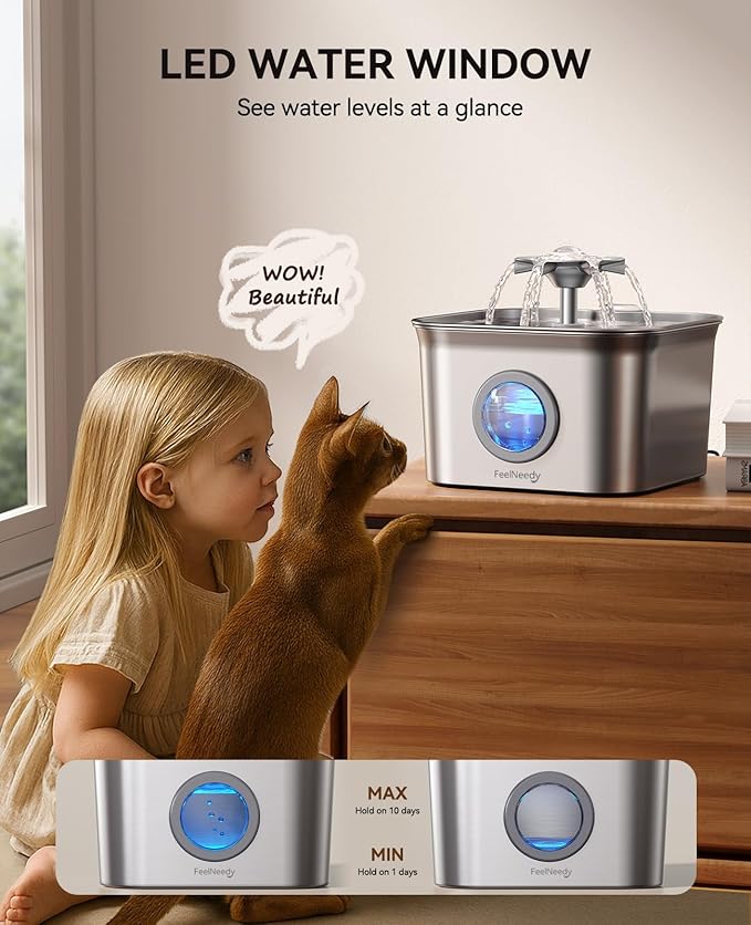 Stainless Steel Cat Water Fountain, 2.8L with 20dB Ultra-Quiet Pump- Ideal for Timid Pets, LED Water Level Window, Dishwasher Safe, 24/7 Circulation- Includes 9 Replacement Filters