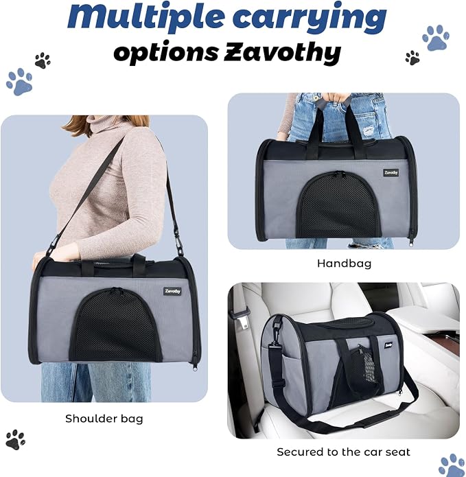 Zavothy TSA Airline Approved Soft-Sided Pet Carrier for Small to Medium Cats and Puppies, Up to 15 Lbs – Collapsible Travel Carrier for Dogs & Cats, Grey