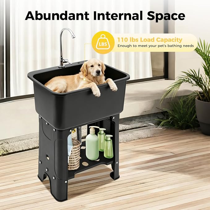 Plastic Outdoor Sink Utility Tub with Hose Hook Up Black | 110.23 lbs Load Capacity, 360° Swivel Faucet, Includes Washboard, Bottom Storage Board, Suitable for Garages and Gardens