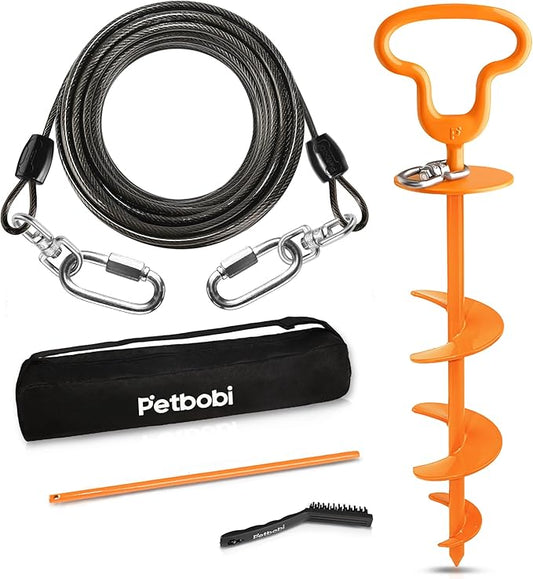 Petbobi Heavy Duty Dog Tie Out Cable and Stake - 50FT Steel Wire Dog Leads for Large Dogs Up to 300lbs, Anti Rust Spiral Stake with Strong Leash & 360° Swivel Hooks - Ideal for Yard, Outdoor & Camping