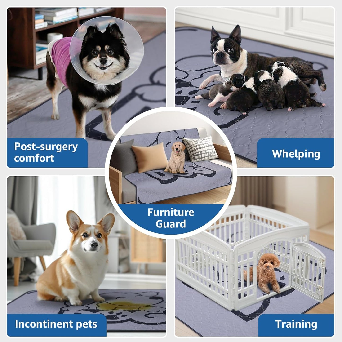 Washable Pee Pads for Dogs: 48x60 2 Pack Reusable Dog Pads Whelping Mats with Absorbent Layer - Waterproof Non-Slip Washable Puppy Pads for Potty Training, Beds, Couches, and Carpets, Gray
