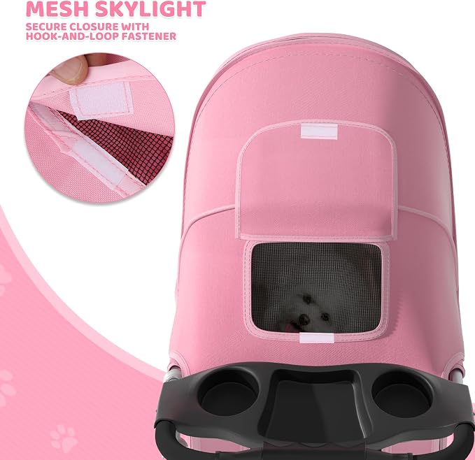 Magshion 3-Wheel Pet Stroller, Foldable Travel Jogger for Small & Medium Dogs & Cats (Up to 33lbs), Lightweight Carrier with Breathable Mesh Cover, Cup Holder & Storage Basket, Pink