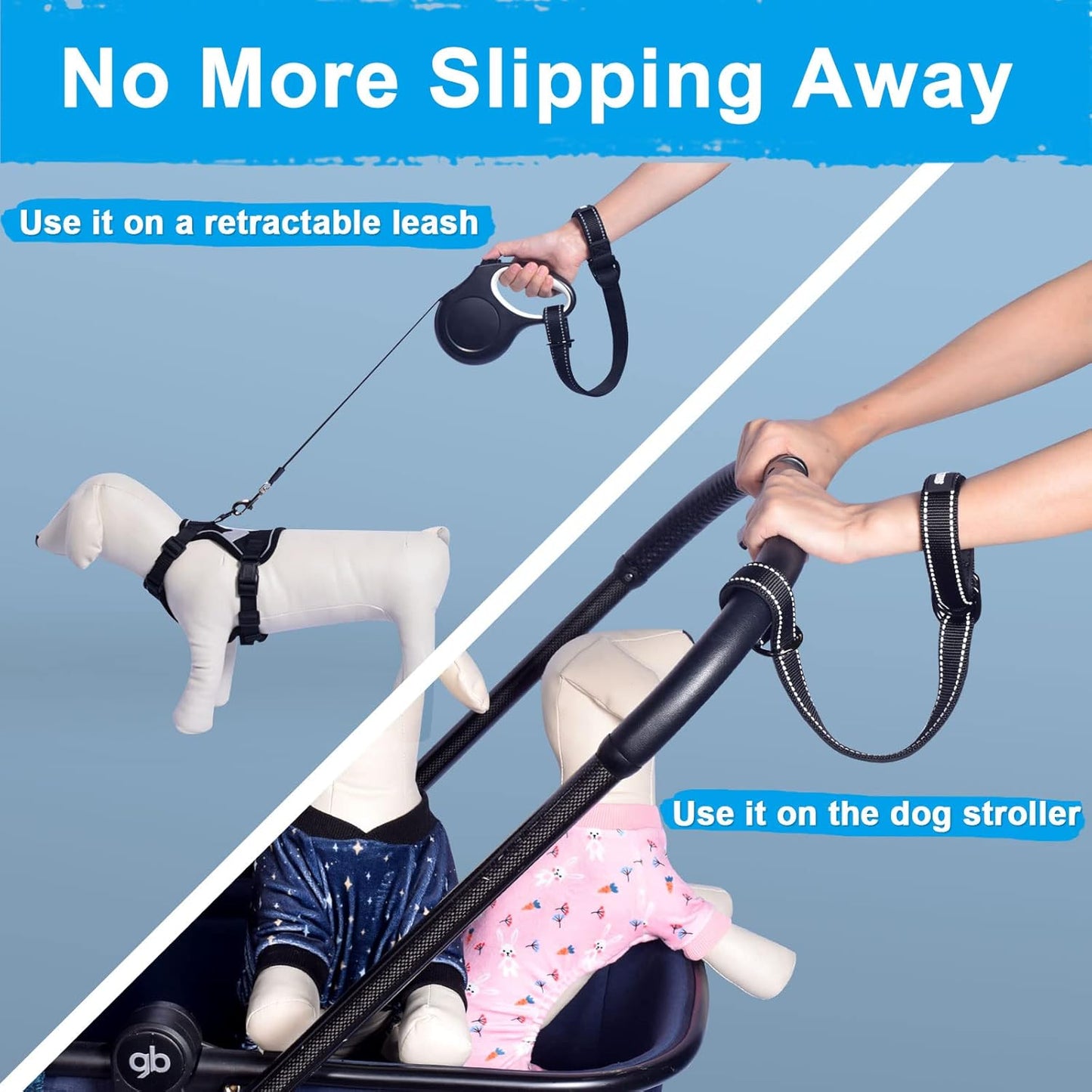PetBonus 2 Packs Short Dog Leash, Safety Wrist Strap for Retractable Dog Leash, Reflective Design and Adjustable Soft Padded Handle, Extra Layer Security for Pet Stroller (Black, Black)