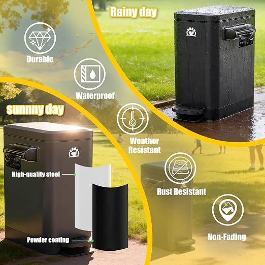 Dog Poop Trash Can Outside,3Gal Metal Outdoor Trash Can,Outdoor Dog Poop Trash Can with Lid for Odor Control - Includes Poop Scooper for Dogs & Bin Bag Holder (Black)