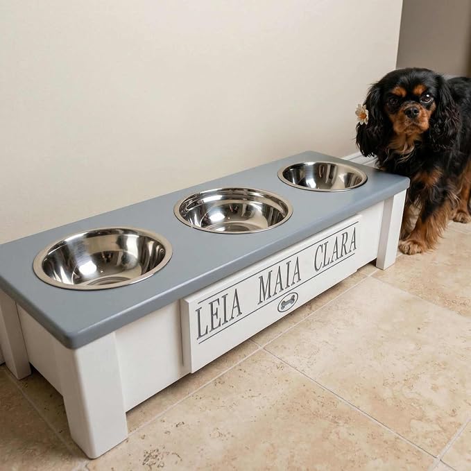 3 Bowl Dog Feeding Station, Personalized Triple Bowl Food Stand Small Dogs | Farmhouse Style, Elevated Wood Stand, Storage Container, Stainless Steel Bowls, Raised Feeder, Small Breed, Made in USA