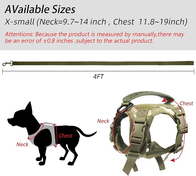 Annchwool Tactical Dog Harness for Small Dogs with Handle, Military Service Dog Vest and Leash Set for Outdoor Training Walking Hiking, Adjustable (Black, Camo)