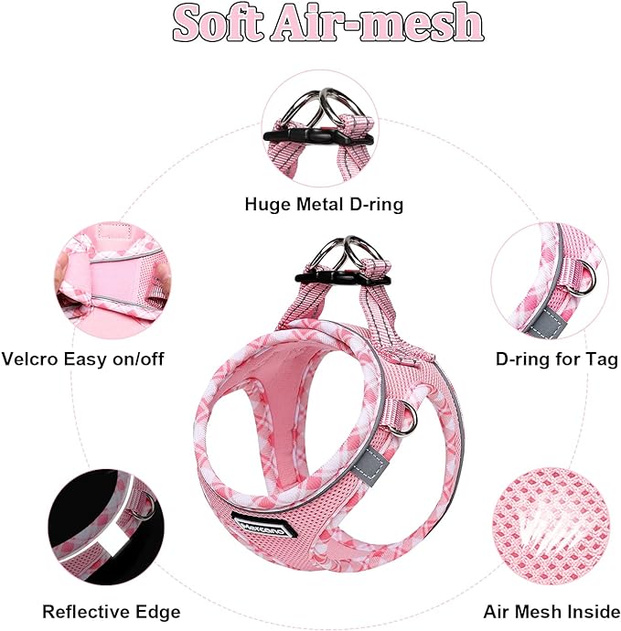 Mercano Soft Mesh Dog Harness and Leash Set, No-Chock Step-in Reflective Breathable Lightweight Easy Walk Vest Harnesses with Safety Buckle for Small Dogs, Cats (Pink, S)