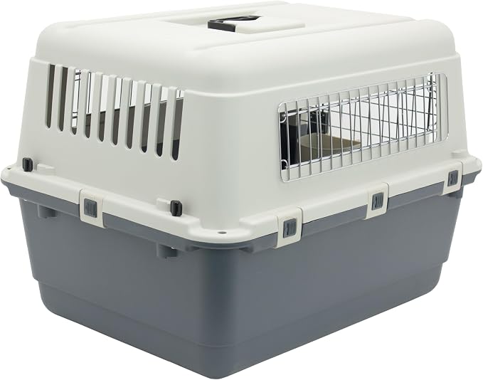 SportPet Airline Compliant MEDIUM 24.25" Travel Dog Kennel-Durable Plastic Airline Pet Carrier w/Removable Wheels & Food Bowls, Collapsible Indoor/Outdoor Dog Kennel, Dogs up to 23"L & 15"H-Cream/Gray