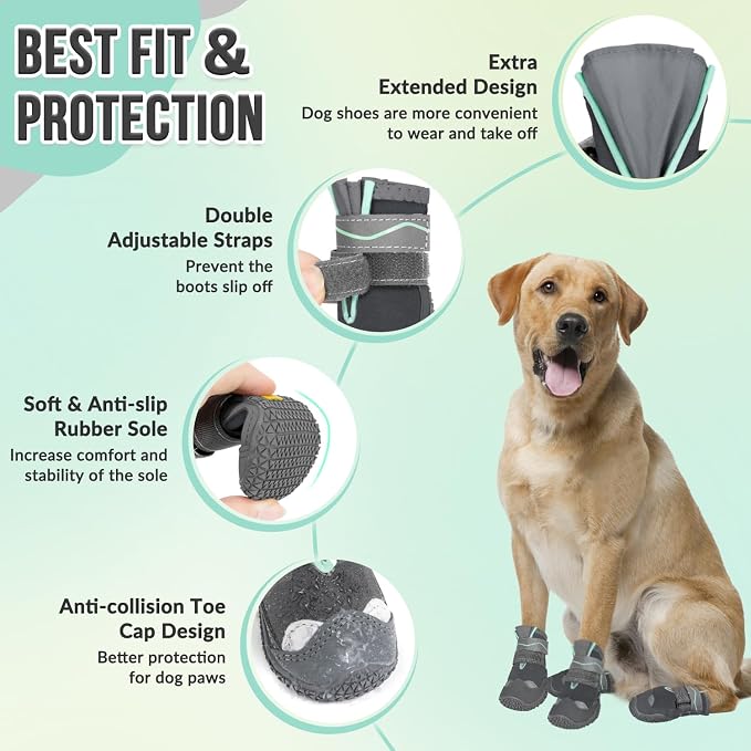 SlowTon Dog Shoes for Large Small Medium Dogs - Waterproof Dog Boots for Summer Hot Pavement, Paw Protector for Outdoor Walking Winter Snow, Anti-Slip Rubber Dog Booties for Hardwood Floor (Grey, 2)
