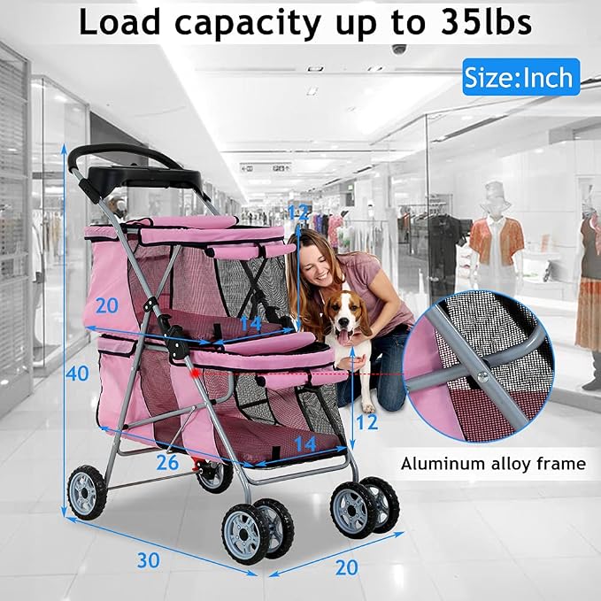 Double Pet Stroller for Small Medium Dogs, 4 Wheels Folding Travel Carrier Cage with Cup Holder for 2 Doggie Puppy Or Two Kitty, Pink