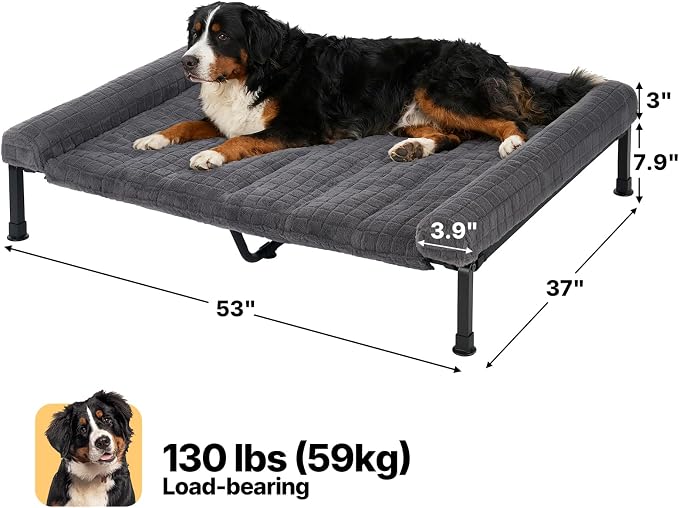 Veehoo Elevated Dog Bed with Fluffy Plush Bolster Cushion, Dog Couch Bed | Cooling Raised Dog Bed for Large Dogs, Washable Orthopedic Pet Cot with Removable Mat, Breathable Mesh, Non-Slip, 53", Grey