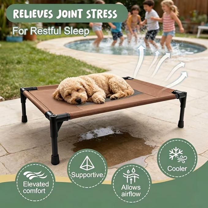 Elevated Dog Bed for Large Dogs - Outdoor Cooling Cot with Washable Breathable Mesh, Portable Raised Pet Bed with Non-Slip Feet & Waterproof Teslin, Heavy Duty & for Camping
