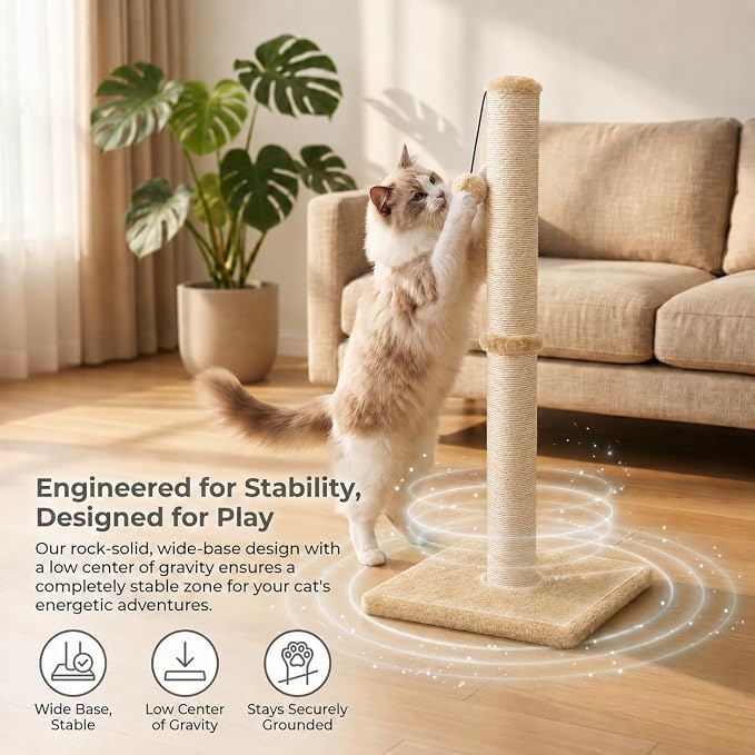 Dimaka 34" Height Tall Cat Scratching Post, Claw Scratcher with Sisal Rope and Covered with Soft Smooth Plush, Vertical Scratch [Full Strectch] (Light Brown, 34 inches for Large Cats)