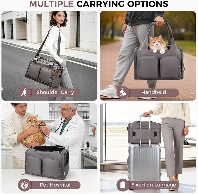 Dog, Cat Carrier for Pets Up to 12 Lbs, Airline Approved Collapsible Soft-Sided Pet Travel Bag with Locking Zippers, Breathable Mesh and 4 Large Pockets, Removable Fleece Pad (Grey)