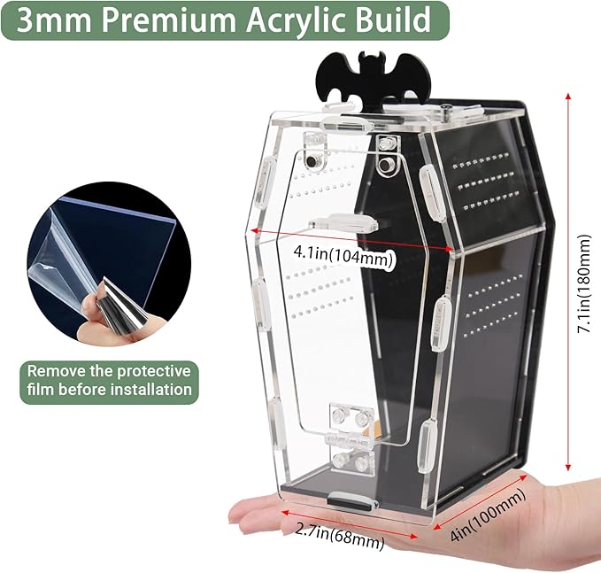 Acrylic Spider Enclosure Coffin House with Magnetic Lock | Coffin-Shaped House, Magnetic Lock & Feeding Port, No Tools Assembly, Jumping Spider Habitat, Easy Clean