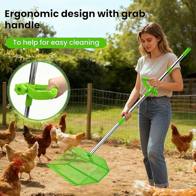 2026 Upgraded 2-in-1 Chicken Poop Scooper & Rake with Handle, 12inch Heavy-Duty Metal Chicken Coop Scoop for Sand Sifting Shovel Litter Scooper for Farm House Chicken Coop Cleaning Tools Accessories