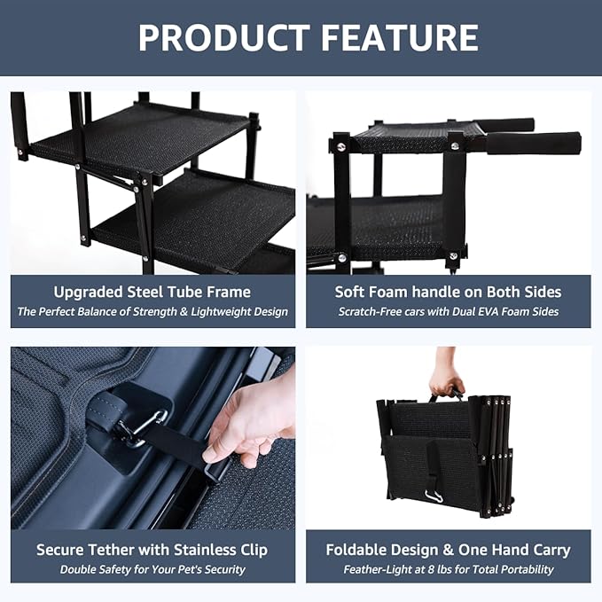 Oiilores Foldable Dog Stairs for Large Dogs - Extra Wide Pet Ramp for Cars, SUV, Truck & High Beds, Non-Slip Surface, Supports Up to 250 Lbs, 6 Steps