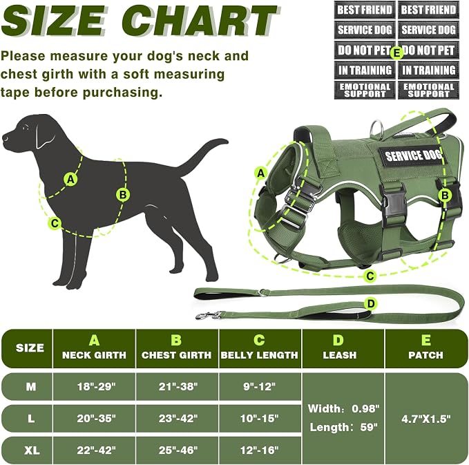 Service Dog in Training Vest and Leash Set+10 Patches,Escape Proof | Heavy Duty Tactical Dog Harness with Metal Buckles for Large Sized Dogs,No Pull Front Back Clips,for Training Hiking,Green XL