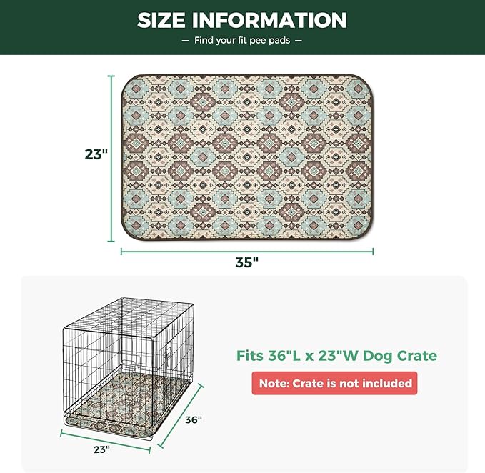FXW Washable Pee Pads for Dogs, Puppy Pads with Super Absorbent, Specifically Designed for 36inch Cages, 23" x 35" Rectangle, Tribal Beige, 2 Packs
