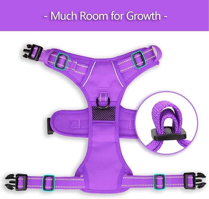 PoyPet No Pull Dog Harness, Reflective Vest with 2 Leash Clips & Handle | Lockable Neck Release Buckle, No Choke, Adjustable, Soft Padded, for Walking Training, Purple Matching Trim, Small