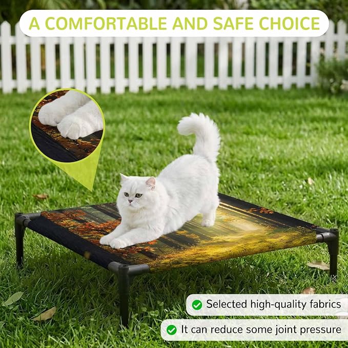 Outdoor Elevated Dog Bed for Small Dogs, Forest Breathable Cooling Raised Dog Cot for Indoor/Outdoor, Sunlight Rustic Trees Orange Green Mystery Waterproof Elevated Pet Beds, S 20 x 20 in